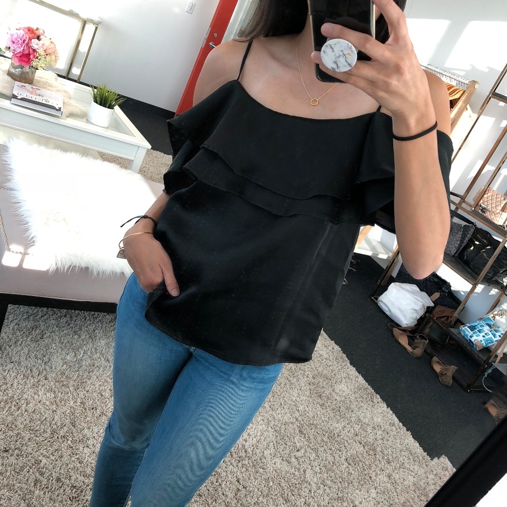 CYBER SALE! ELAINE Black Satin Ruffled Tank